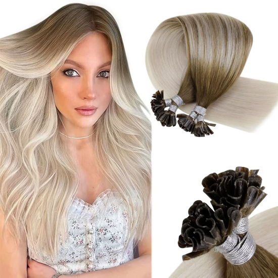 Picture of Blayage Blonde Hair Extensions Keratin Tip Remy Human Hair 18 inch Mix Light Brown Ombre Hot Fusion Hair Extensions U Tip Human Hair 1g/1s 50set