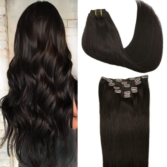 Picture of GOO GOO Dark Brown Remy Human Hair Extensions Clip in Straight 120g Thick Natural Hair Extensions 14 Inch