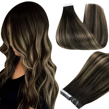 Picture of Full Shine Blonde Tape in Hair Extensions Human Hair 20 Inch Black Highlighted Honey Blonde Tape in Extensions Real Human Hair 20Pcs 50 Gram Double Sided Tape in Hair Invisible Tape ins