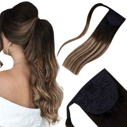 Picture of Laavoo Ponytail Clip in Hair Extensions Human Hair 16inch 80g Balayage off Black to Brown Mixed with Blonde #1b/4/27 Clip in Ponytail Extensions Real Human Hair Silky Straight