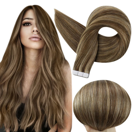 Picture of Full Shine Tape in Hair Extensions 50 Gram Medium Brown Highlights Honey Blonde Real Human Hair Extensions Tape ins 22 Inch Straight Tape in Extensions 20 Pcs Seamless Straight Tape Hair Extensions