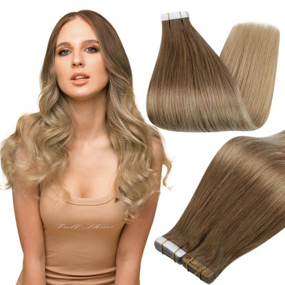 Picture of Full Shine Tape in Hair Extensions Human Hair 20 Inch Glue in Extensions Human Hair Color 10 Golden Brown to 14 Dark Blonde Remy Balayage Extensions 20 Pcs 50 Gram Brazilian Hair