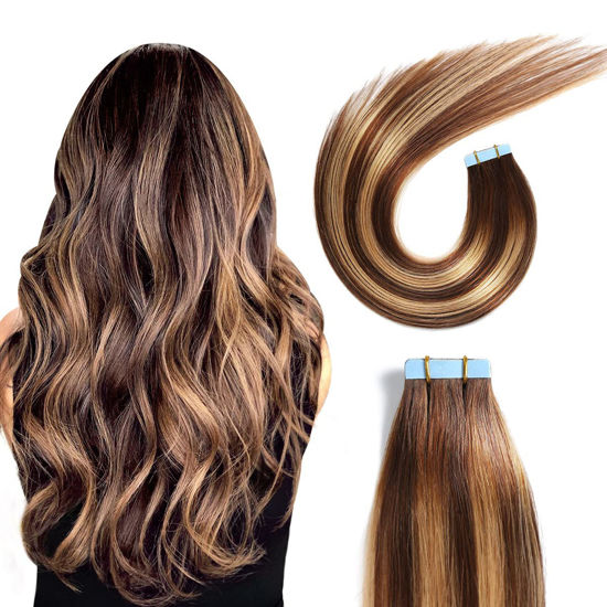 Picture of SUYYA Tape in Hair Extensions Human Hair Ombre Color Chocolate Brown to Caramel Blonde Remy Hair 20 inches 20pcs 50g/pack Straight Seamless Skin Weft Tape in Human Hair Extensions(20 inch #P4/27/T4)