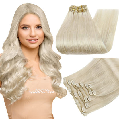 Picture of Full Shine Blonde Clip in Hair Extensions Clip in Extensions Human Hair 7 Pcs Color 60 Platinum Blonde Clip in Human Hair Extensions Full Head Double Weft Clip in Hair Thick Hair 120 Gram 14 Inch