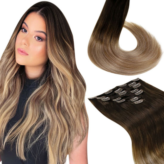 Picture of LaaVoo Hair Extensions Clip in Real Human Hair Ombre Brown to Blonde Mix Brown Balayage Clip in Human Hair Extensions Full Head 14 inch 7pcs/120g