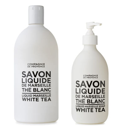 Picture of Compagnie de Provence Savon de Marseille Extra Pure Liquid Soap - White Tea - 16.9 Fl Oz Glass Pump Bottle and 33.8 fl oz Plastic Bottle Refill