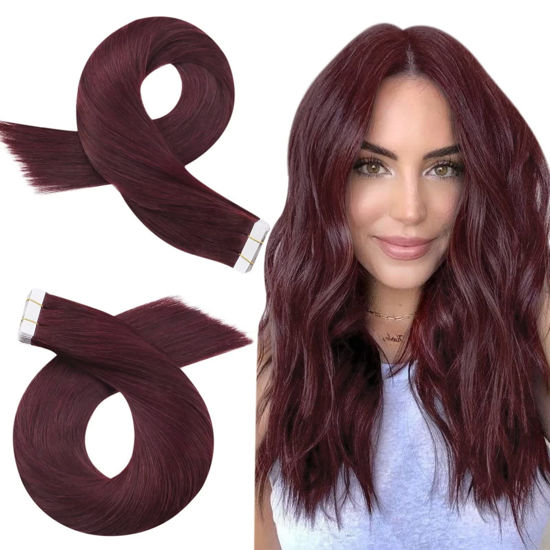 Picture of Moresoo Tape in Hair Extensions Burgundy 24 Inch Real Human Hair Tape in Extensions 20pcs Skin Weft Hair Extensions Tape in #99J Wine Red Remy Glue in Hair Extensions 50g