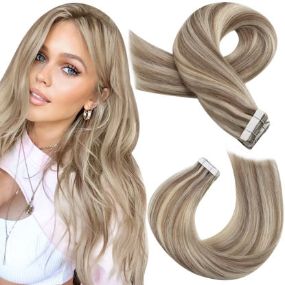 Picture of Moresoo Tape in Hair Extensions Human Hair 24inch Remy Hair Extensions #9A/60 Brown Highlight Blonde Hair Extensions Tape in Real Human Hair 50g 20pcs