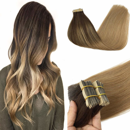 Picture of GOO GOO Tape in Hair Extensions 20 Inch Ombre Chocolate Brown Highlighted Dirty Blonde Remy Human Hair Extensions 20pcs 50g Straight Real Hair Extensions