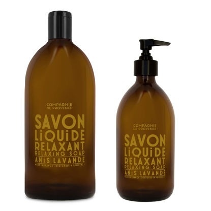 Picture of Compagnie de Provence Savon de Marseille Apothicare Liquid Soap, Anise Lavender, 16.9 Fl Oz Glass Pump Bottle and 33.8 fl oz Plastic Bottle Refill