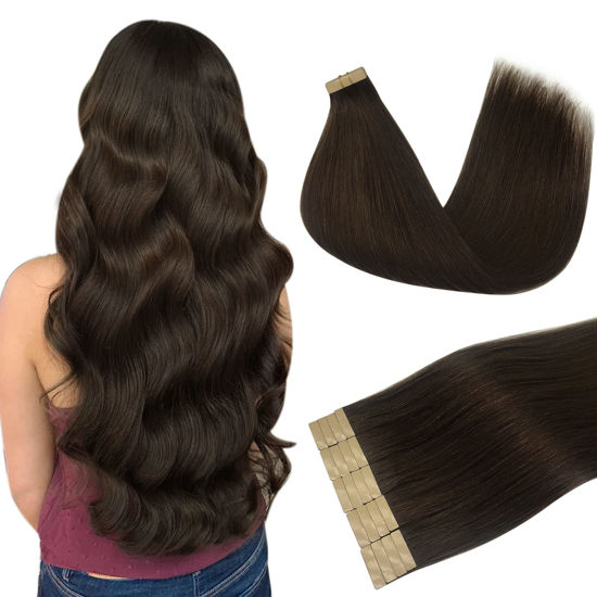 Picture of Hair Extensions Tape in Human Hair, Light Dark Brown 24 Inch 50g 20pcs, DOORES Tape in Hair Extensions Straight Remy Hair Extensions Double Side Tape Skin Weft