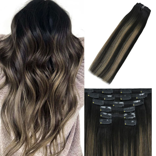 Picture of WindTouch Clip In Hair Extensions Human Hair Balayage Natural Black to Chestnut Brown Highlights (14Inch 7PCS) #1BT6P1B 120g Shedding Free