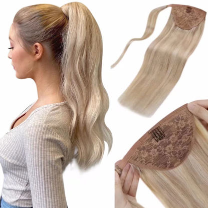 Picture of LAAVOO Ponytail Extension Human Hair Blonde Wrap Around 16 Inch Ash Blonde Highlighted With Light Blonde Remy Human Hair Ponytail Clip in Extensions One Piece 80G/Set