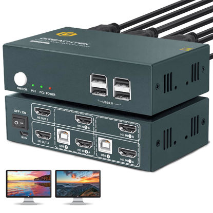 Picture of HDMI KVM Switch 2 Monitors 2 Computers,2 Port Dual Monitor Kvm Switcher for 2 Computers to Share 4 USB 2.0 Hub,UHD 4K@60Hz Resolution Downward Compatible,EDID Emulators,with HDMI Cables