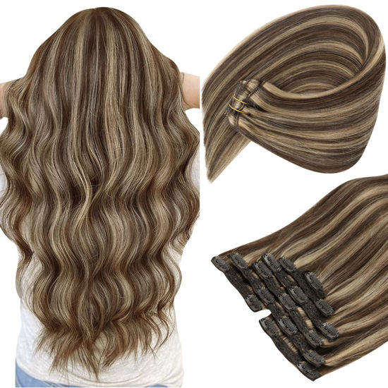 Picture of Sunny Clip in Hair Extensions Highlights Brown Blonde Real Human Hair Clip ins Extensions Highlights Caramel Blonde with Dark Brown Clip in Human Hair Extensions Double Weft 120g 7pcs 14inch