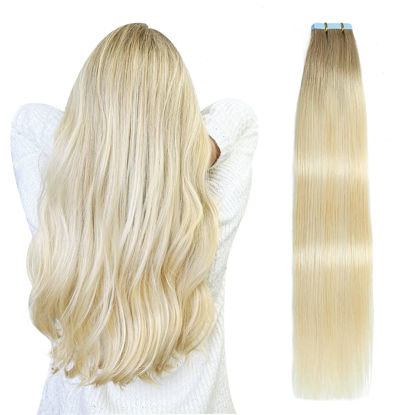 Picture of SUYYA Tape in Hair Extensions Human Hair Balayage Ash Blonde to Medium Blonde and Platinum Blonde 20 Inch 50g/pack 20pcs Straight Seamless Skin Weft Tape in Real Human Hair Extensions(20inch #P22/60/T18)