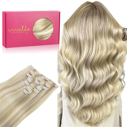 Picture of WENNALIFE Clip in Hair Extensions, 14 Inch 120g 7pcs Ash Blonde Highlighted Platinum Blonde Hair Extensions Clip in Human Hair Remy Clip in Hair Extensions Real Human Hair Double Weft