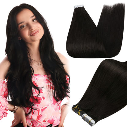 Picture of Full Shine Tape in Human Hair Extensions Off Black Tape in Extensions Double Side Color 1B Skin Weft Real Human Hair Extensions 24 Inch Seamless Hair Extensions 50g 20 Pcs