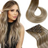 Picture of LAAVOO Balayage Brown Hair Extensions Real Human Hair Clip in Light Brown to Platinum Blonde with Brown Ombre Clip in Human Hair Extensions Straight Thick Ends 14 in 7pcs 120g