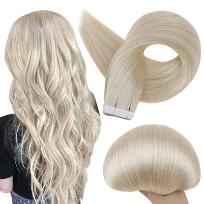 Picture of Full Shine Tape Hair Extensions Brazilian Real Human Hair Color 60 Platinum Blonde Seamless Skin Weft Tape ins 20 Pcs Pu Tape in Hair Extension American White Tape Adhesive in Extensions 50 Grams 22 Inch