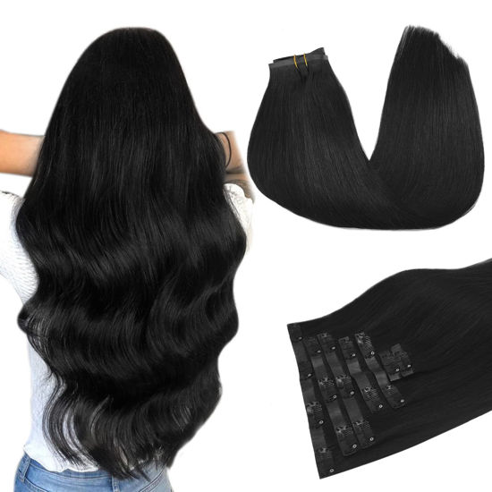 Picture of Human Hair Clip in Extensions, Jet Black 110g 7pcs 14 Inch, DOORES Seamless Clip in Hair Extensions Human Hair Extensions Clip in Straight Trick Hair Skin Weft Remy Natural Hair