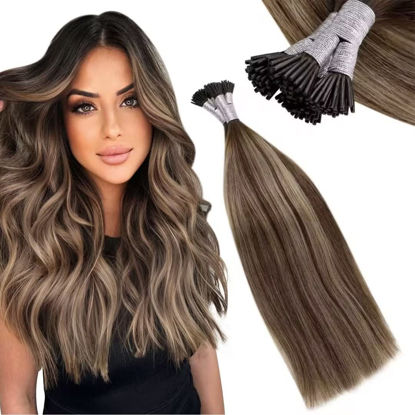 Picture of LAAVOO Ombre I Tip Human Hair Extensions 22in Balayage Dark Brown to Caramel Blonde Itip Hair Extensions Remy Tips Human Hair Extensions Straight 50g/50s