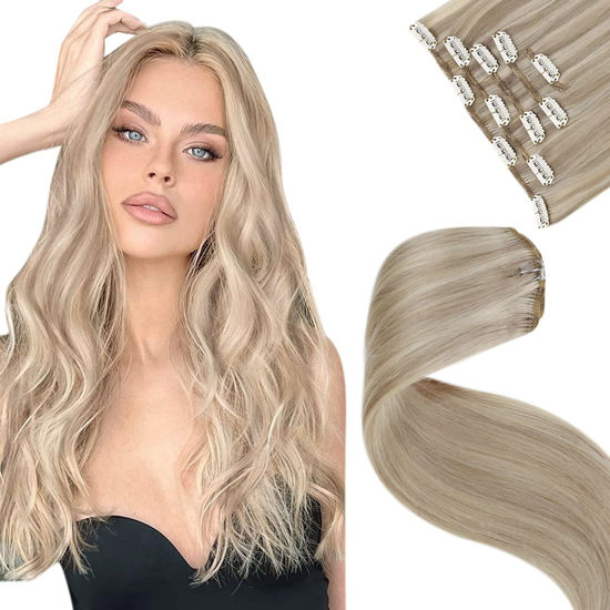 Picture of LaaVoo Hair Extensions Ash Blonde Clip in Human Hair 16 inch Dark Ash Blonde Highlights Medium Blonde Real Human Hair Blonde Clip in Hair Extensions Silky Straight 80gram/5pcs