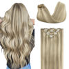 Picture of GOO GOO Hair Extensions, Clip in Hair Extensions Ash Blonde Highlighted Platinum Blonde 120g 7pcs 14 Inch Remy Human Straight Thick Natural for Women