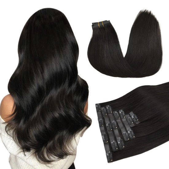 Picture of Clip in Hair Extensions Real Human Hair, Natural Black 7pcs 14 Inch 110g, DOORES Human Hair Extensions Seamless Clip in Hair Extensions Trick Remy Straight Hair with Skin Weft