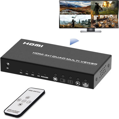 Picture of 4K HDMI Multi Viewer Switch 4x1, Quad Seamless HDMI Switcher, 4 in 1 Out with Loop Split Screen, 5 Display Modes with IR Remote for Security Camera, Gaming