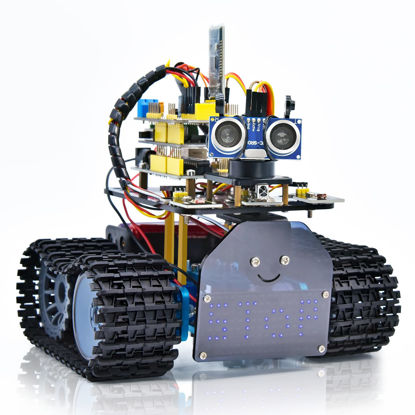 Picture of KEYESTUDIO Mini Tank Robot V2 Smart Car Kit for Arduino, IR Infrared and App Remote Control (iOS and Android), Light and Ultrasonic Follow, 8X16 LED Panel, Ultrasonic Obstacle Avoidance