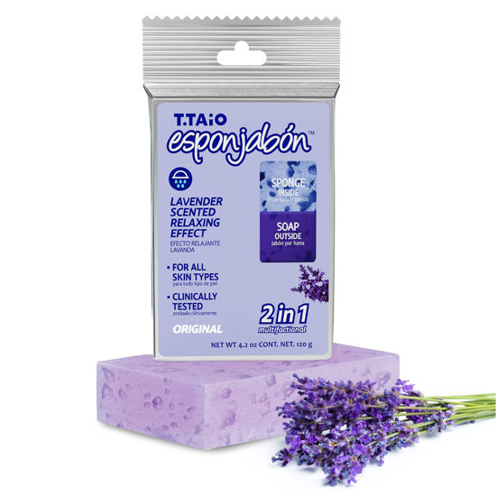 Picture of T.Taio Esponjabon Soap Sponge - Cleansing Shower Scrubber - Cleaning Bath Wash Scrub - Oil Removal - Massage & Lather Foot, Elbow, & Face - Bathroom Accessories - Fresh Lavender Scent