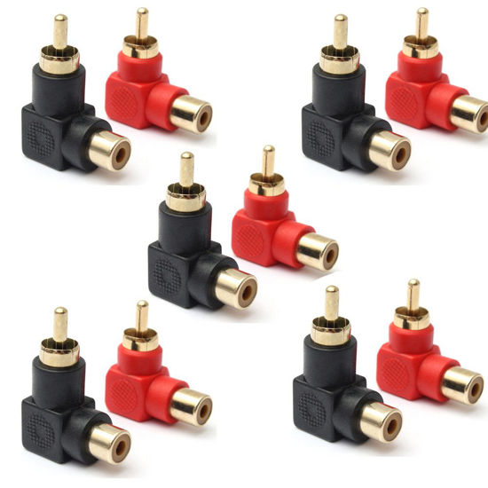 Picture of RCA Male to RCA Female Connectors Right Angle Plug Adapters M/F 90 Degree Elbow Gold-Plated (5 Black + 5 Red) (10-Pack)