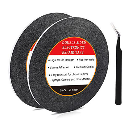 Picture of D-FLIFE 2pcs Double Sided Layer Strong Adhesive Tape 50 m Long Roll (Black) with 1 Tweezers for Smartphone Tablet Tablets, Laptops, Camera Repair (3MM)