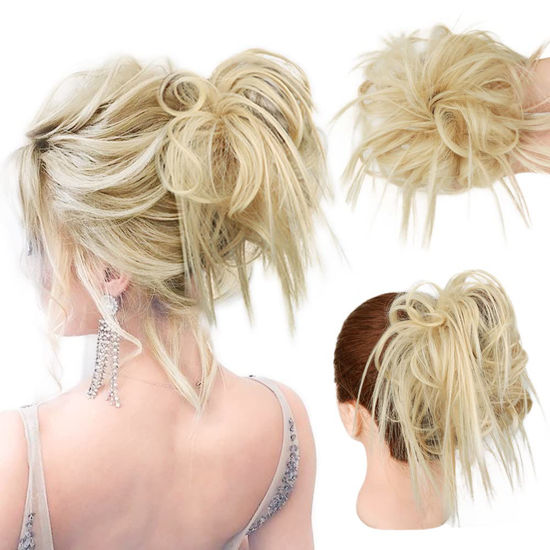 Picture of HMD Tousled Updo Messy Bun Hair Piece Hair Extension Ponytail With Elastic Rubber Band Updo Extensions Hairpiece Synthetic Hair Extensions Scrunchies Ponytail Hairpieces for Women(Tousled Updo Bun, Natural Blonde Mix Bleach Blonde)