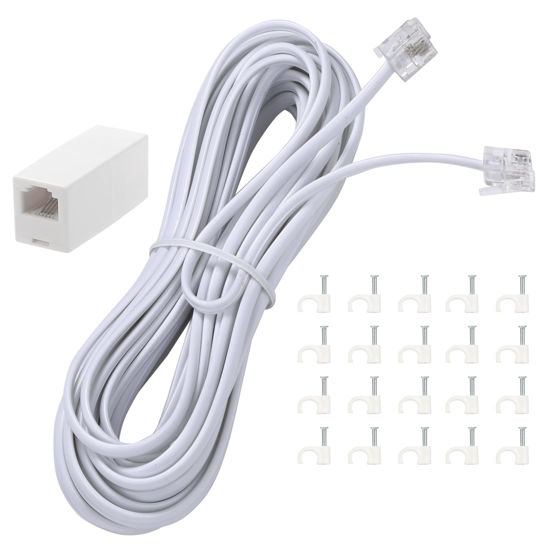 Picture of Ubramac 25Feet Long Telephone Extension Cord Phone Cable Line Wire, with Standard RJ11 Plug and 1 in-Line Couplers and 20 Cable Clip Holders-White