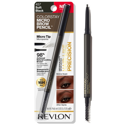 Picture of Revlon ColorStay Micro Eyebrow Pencil with Built In Spoolie Brush, Infused with Argan and Marula Oil, Waterproof, Smudgeproof, 457 Soft Black (Pack of 1)