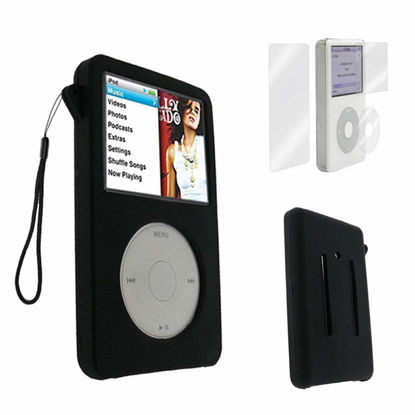 Picture of for iPod Classic Case, Silicone Skin Case Cover for Apple iPod Classic 6th 7th 80GB, 120GB Thin 160GB and iPod Video 5th 30gb + Screen Protector & Lanyard-10.5mm Thickness Thin Version(Black)