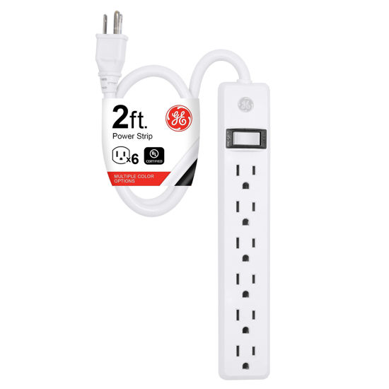 Picture of GE 6-Outlet Power Strip, 2 Ft Extension Cord, Heavy Duty Plug, Grounded, Integrated Circuit Breaker, 3-Prong, Wall Mount, UL Listed, White, 14830