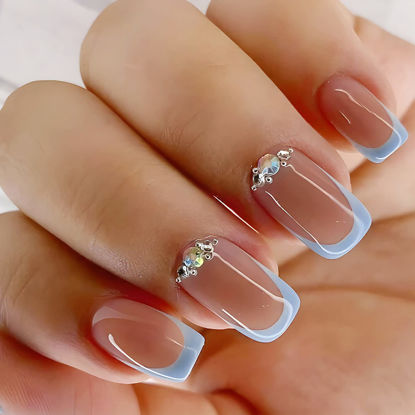 Picture of 24Pcs French Tip Press on Nails Short, Square Shape Fake Nails Glossy Glue on Nails Full Cover False Nails with Rhinestones Designs Blue Square Nail Tips Nude Acrylic Nails for Women Girls Manicure