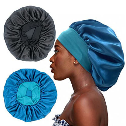 Picture of 2PCS Large Satin Bonnet,Silk Bonnet Hair Wrap for Sleeping, Sleep Cap with Elastic Soft Band, Big Bonnets for Black Women Hair Care (Black, Teal)