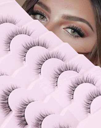 Picture of Jiocolor Lashes Natural Look Wispy False Eyelashes D Curl Faux Mink Lashes Fluffy Cotton Band Eyelashes Cat Eye Fake Eyelashes Pack 13MM