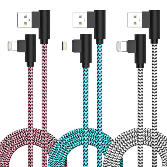 Picture of 3 Pack iPhone Charger 10FT [Apple MFi Certified] Right Angle Lightning Cable Fast Charging Cord Nylon Braided for iPhone 14 13 12 11 Pro/Pro Max/Mini/XS/XR/8 7 Plus, iPad, AirPods