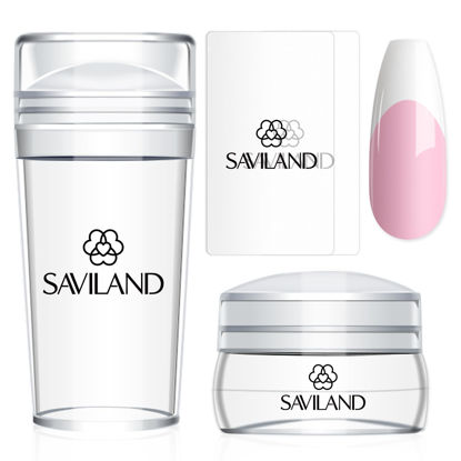 Picture of Saviland French Tip Nail Stamp - 4PCS Nail Art Stamper Kit Clear Silicone Nail Stamping Long & Short Jelly Stamper for Nails with Scrapers Nail Stamper Kit for French Manicure Home DIY Nail Art Salon