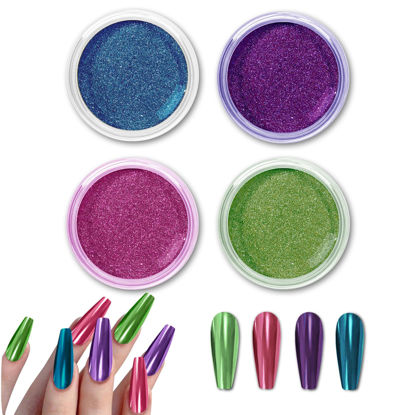 Picture of Allstarry Chrome Nail Powder 4 Colors Metallic Mirror Effect Chrome Powder Pigment Manicure Magic Glitter Dust Kit for Gel Polish Nail Art Decoration with 4 Eyeshadow Sticks- Purple Blue Series