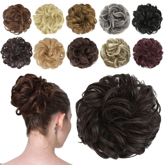 Picture of FESHFEN Messy Bun Hair Piece Hair Bun Scrunchies Synthetic Medium Brown Wavy Curly Chignon Ponytail Hair Extensions Thick Updo Hairpieces for Women Girls 1PCS