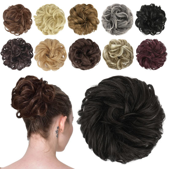 Picture of FESHFEN Messy Bun Hair Piece Hair Bun Scrunchies Darkest Brown Synthetic Wavy Chignon Ponytail Hair Extensions Thick Updo Hairpieces for Women Girls 1PCS