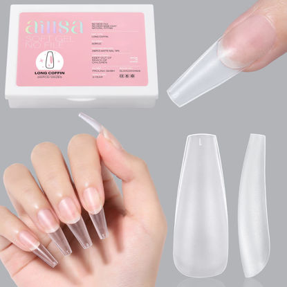 Picture of AILLSA Long Coffin Nail Tips - Upgraded Matte Soft Gel Full Cover Nail Tips No Filed, 240Pcs Pre-shaped Gelly Tips Acrylic Clear Fake Press On Nail Tips for Soak Off Nail Extension 10 Sizes