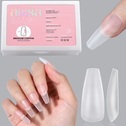 Picture of AILLSA Medium Coffin Nails Tips - Upgraded Matte Full Cover Soft Gel Nail Tips No Filed, 240Pcs Pre-shaped Gelly Tips Acrylic Clear Fake Press On Nail Tips for Soak Off Nail Extension 10 Sizes