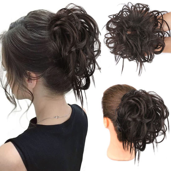 Picture of HMD Tousled Updo Messy Bun Hair Piece Hair Extension Ponytail With Elastic Rubber Band Updo Extensions Hairpiece Synthetic Hair Extensions Scrunchies Ponytail Hairpieces for Women(Tousled Updo Bun, 4# (Darkest Brown Tend to Black))